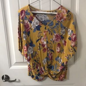 Yellow knot hem floral blouse
